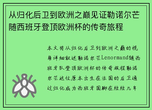 从归化后卫到欧洲之巅见证勒诺尔芒随西班牙登顶欧洲杯的传奇旅程