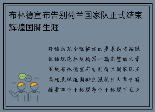 布林德宣布告别荷兰国家队正式结束辉煌国脚生涯