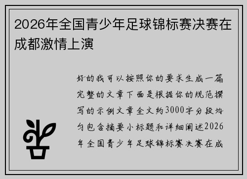 2026年全国青少年足球锦标赛决赛在成都激情上演