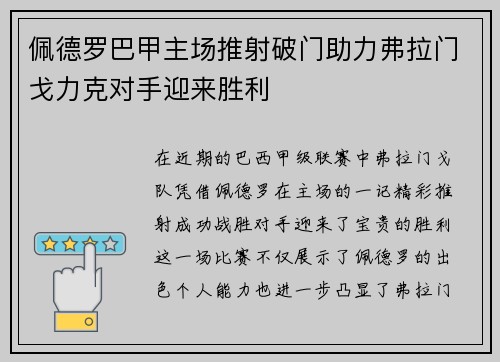 佩德罗巴甲主场推射破门助力弗拉门戈力克对手迎来胜利 佩德罗巴甲主场推射破门助力弗拉门戈力克对手迎来胜利