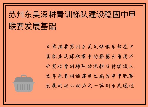 苏州东吴深耕青训梯队建设稳固中甲联赛发展基础 苏州东吴深耕青训梯队建设稳固中甲联赛发展基础